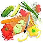 Cutting Vegetables Illustration, With Cutting Board And Fresh Crops. Food Preparation Process From Above In Simple Bright Colorful Design On White Background.
