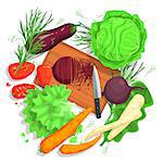 Cutting Vegetables Drawing, With Cutting Board And Fresh Crops. Food Preparation Process From Above In Simple Bright Colorful Design On White Background.