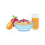 Muesli, Fruit And Orange Juice Breakfast Food And Drink Set. Morning Menu Plate Illustration In Detailed Simple Vector Design.