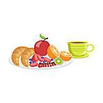Croissant, Fruit And Coffee Breakfast Food And Drink Set. Morning Menu Plate Illustration In Detailed Simple Vector Design.
