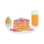 Pancakes, Egg And Orange Juice Breakfast Food And Drink Set. Morning Menu Plate Illustration In Detailed Simple Vector Design.