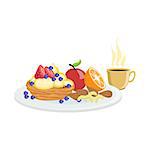 Cake, Fruit And Coffee Breakfast Food And Drink Set. Morning Menu Plate Illustration In Detailed Simple Vector Design.