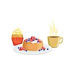 Cupcake, Waffle And Coffee Breakfast Food And Drink Set. Morning Menu Plate Illustration In Detailed Simple Vector Design.