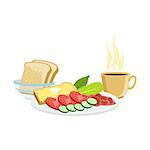 Coffee, Vegetables, Toasts And Beans Breakfast Food And Drink Set. Morning Menu Plate Illustration In Detailed Simple Vector Design.