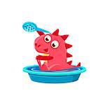 Red Dragon Taking A Bath. Silly Childish Drawing Isolated On White Background. Funny Fantastic Animal Colorful Vector Sticker.