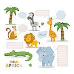 Wild animal zoo with clean speech bubble vector cartoon set. Wild vector animals mammal. African animals character. Pets silhouette. Vector cute animals isolated on a white background