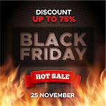 Black Friday promo vector background. Hot sale retail promotion banner design with red ribbon and fire flames for discount offer or final clearance.