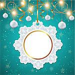Decorative round vector Christmas banner with white decorations on a green background.