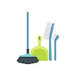 Floor Dusting Household Equipment Set. Clean Up Special Objects And Chemicals Composition Of Realistic Objects. Flat Vector Drawing On White Background