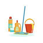 Floor Washing Household Equipment Set. Clean Up Special Objects And Chemicals Composition Of Realistic Objects. Flat Vector Drawing On White Background