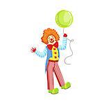 Colorful Friendly Clown With Balloon In Classic Outfit. Childish Circus Clown Character Performing In Costume And Make Up.