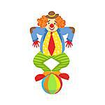 Colorful Friendly Clown Balancing On Ball In Classic Outfit. Childish Circus Clown Character Performing In Costume And Make Up.