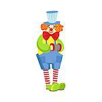 Colorful Friendly Clown With Miniature Accordion In Classic Outfit. Childish Circus Clown Character Performing In Costume And Make Up.