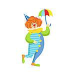 Colorful Friendly Clown With Mini Umbrella In Classic Outfit. Childish Circus Clown Character Performing In Costume And Make Up.