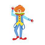 Colorful Friendly Clown With Suspenders In Classic Outfit. Childish Circus Clown Character Performing In Costume And Make Up.