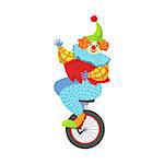 Colorful Friendly Clown Balancing On Unicycle In Classic Outfit. Childish Circus Clown Character Performing In Costume And Make Up.