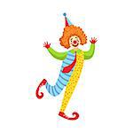 Colorful Friendly Clown With Tie In Classic Outfit. Childish Circus Clown Character Performing In Costume And Make Up.