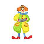 Colorful Friendly Clown Playing Accordion In Classic Outfit. Childish Circus Clown Character Performing In Costume And Make Up.