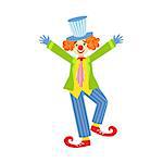 Colorful Friendly Clown With Curled Shoes In Classic Outfit. Character Performing In Costume And Make Up