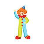Colorful Friendly Clown In Party Hat Classic Outfit. Childish Circus Clown Character Performing In Costume And Make Up.