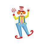 Colorful Friendly Clown With Lollypop In Classic Outfit. Childish Circus Clown Character Performing In Costume And Make Up.