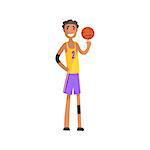 Basketball Player Turning Ball On A Finger Action Sticker. Childish Cartoon Character In Cute Design Isolated On White Background
