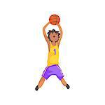 Basketball Player Jumping And Throwing Action Sticker. Childish Cartoon Character In Cute Design Isolated On White Background