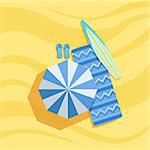 Surfboard, Flip-Flops And Umbrella Spot On The Beach Composition. Place On The Sand With Vacation Attributes From Above Bright Color Vector Illustration.