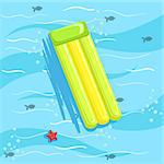Green Inflatable Matrass With Blue Sea Water On Background. Beach Vacation Related Illustration Drawn From Above In Simple Vector Cartoon Style.