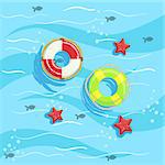 Two Ring Buoys With Blue Sea Water On Background. Beach Vacation Related Illustration Drawn From Above In Simple Vector Cartoon Style.