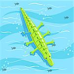 Inflatable Crocodile Toy With Blue Sea Water On Background. Beach Vacation Related Illustration Drawn From Above In Simple Vector Cartoon Style.