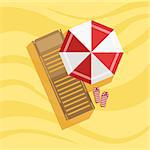 Sunbed, Flip-flops And Umbrella Spot On The Beach Composition. Place On The Sand With Vacation Attributes From Above Bright Color Vector Illustration.