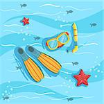 Snorkeling Equipment With Blue Sea Water On Background. Beach Vacation Related Illustration Drawn From Above In Simple Vector Cartoon Style.
