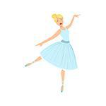 Balleria In Blue Dress Performing. Flat Simplified Childish Style Classic Dance Position Illustration Isolated On White Background.