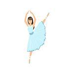 Balleria In Blue Dress Doing Leg Swing Performing. Flat Simplified Childish Style Classic Dance Position Illustration Isolated On White Background.