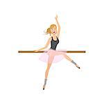 Girl In Pointers In Ballet Dance Class Exercising With The Pole. Flat Simplified Childish Style Classic Dance Position Illustration Isolated On White Background.