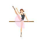 Girl Doing Leg Swing In Ballet Dance Class Exercising With The Pole. Flat Simplified Childish Style Classic Dance Position Illustration Isolated On White Background.