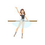 Girl Wearing Leg Warmers In Ballet Dance Class Exercising With The Pole. Flat Simplified Childish Style Classic Dance Position Illustration Isolated On White Background.