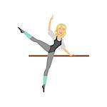 Blond Girl In Ballet Dance Class Exercising With The Pole. Flat Simplified Childish Style Classic Dance Position Illustration Isolated On White Background.