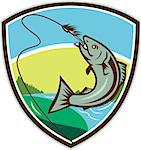 Illustration of trout biting hook lure viewed from the side set inside shield crest with river, trees and sun in the background done in retro style.