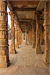 Cloister columns of the Quwwat-ul-Islam Mosque at the Qutab Complex next to the Qutab Minar in Delhi, India