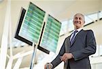 Portrait smiling businessman standing below arrival departure board in airport