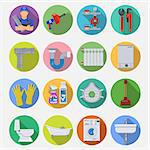 Plumbing Service Flat Icons Set with Long Shadow on Circle with Plumber, Device and Tools items. Vector illustration.