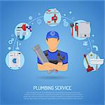 Plumbing Service Infographics Repair and Cleaning with Plumber, Tools and Device Flat Icons. Vector illustration.
