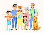Cartoon happy family portrait with cat and dog. Vector illustration.