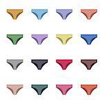Set of sixteen color panties in a flat style, isolated on white background, design element of underwear, first set, vector illustration.