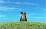 Elephant sits atop a hill and look to the horizon. This is a 3d render illustration