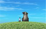 Man and an elephant sits on top of  a hill and look to the horizon together. This is a 3d render illustration