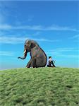 Man and elephant sits on top of a hill and look to the horizon. This is a 3d render illustration