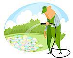 Vector illustration of a watering flowers with a hose